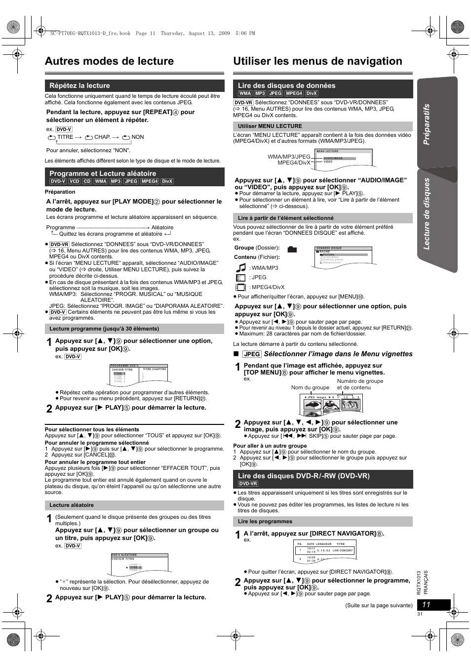 Autres modes de lecture, Utiliser les menus de navigation | Panasonic SCPT70 User Manual | Page 31 / 62