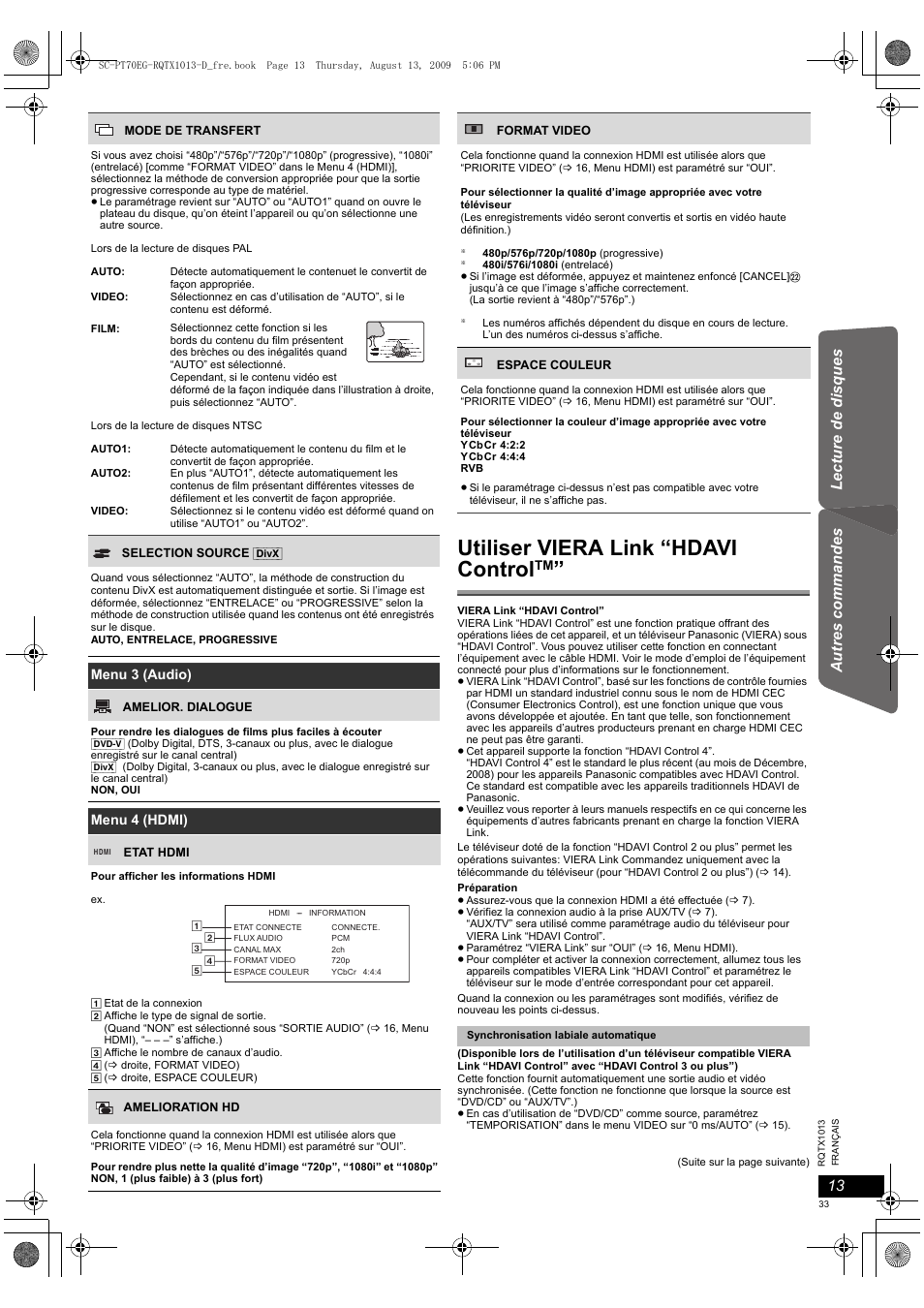 Utiliser viera link “hdavi control | Panasonic SCPT70 User Manual | Page 33 / 62