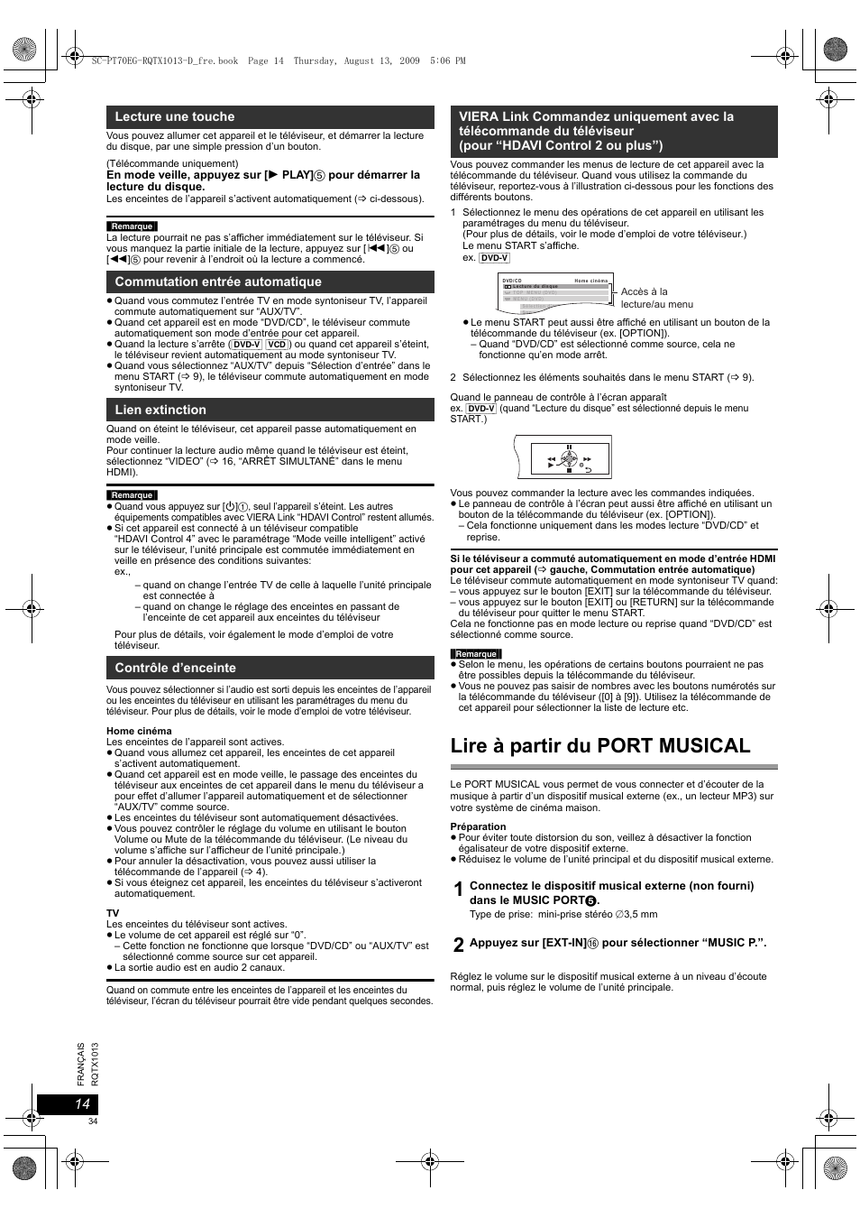 Lire à partir du port musical | Panasonic SCPT70 User Manual | Page 34 / 62