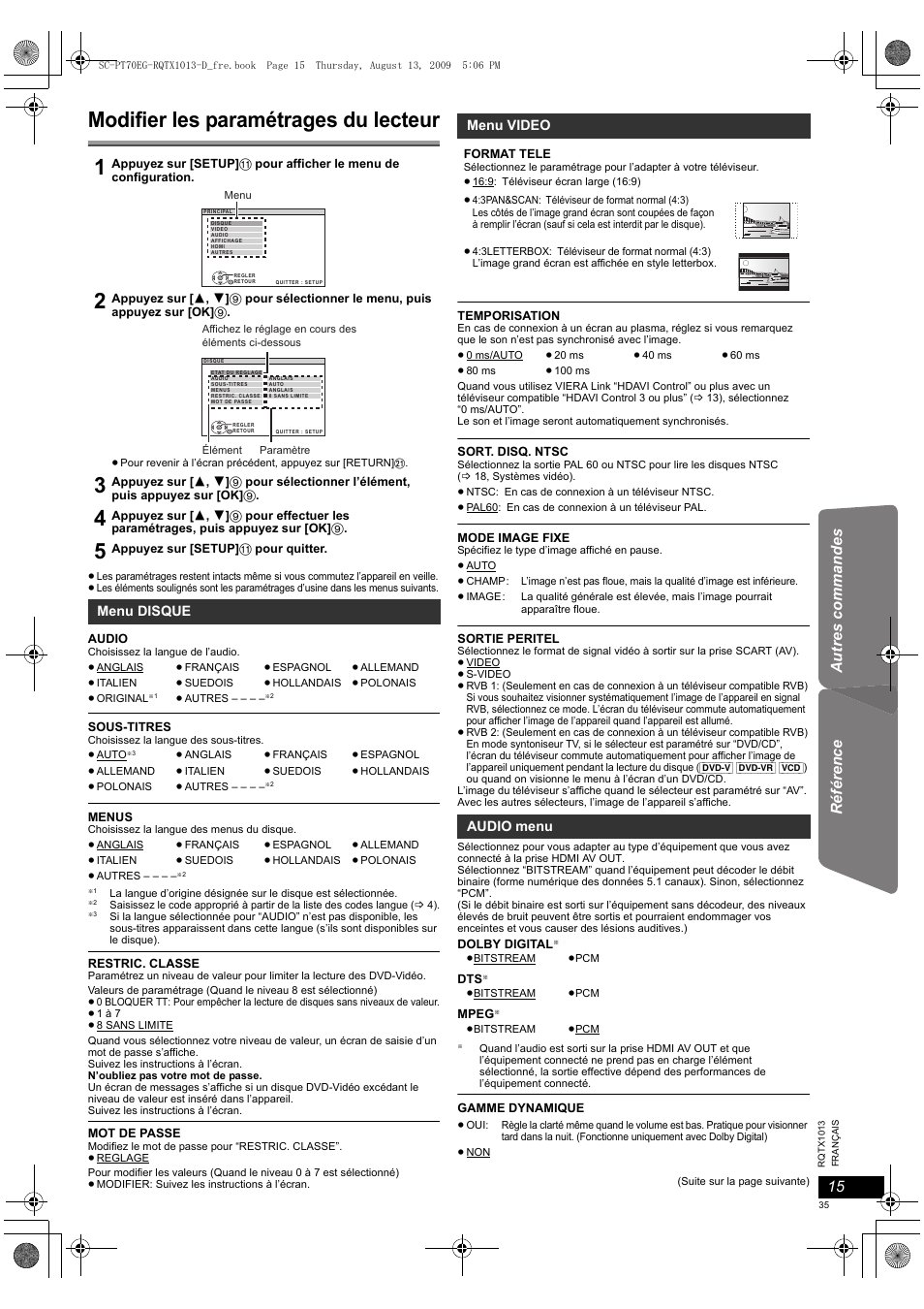 Modifier les paramétrages du lecteur | Panasonic SCPT70 User Manual | Page 35 / 62