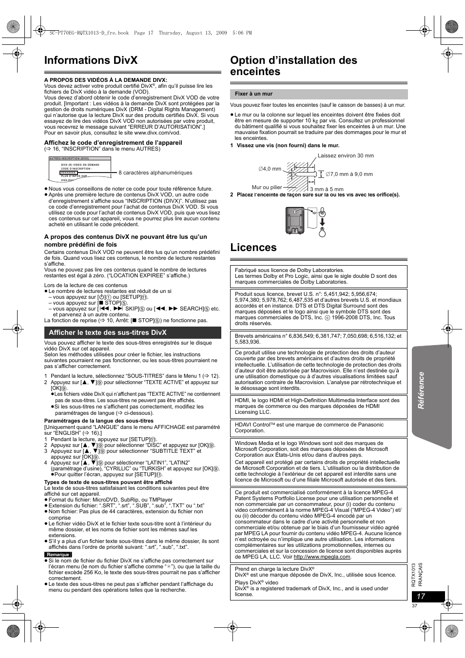 Informations divx, Option d’installation des enceintes, Licences | Panasonic SCPT70 User Manual | Page 37 / 62