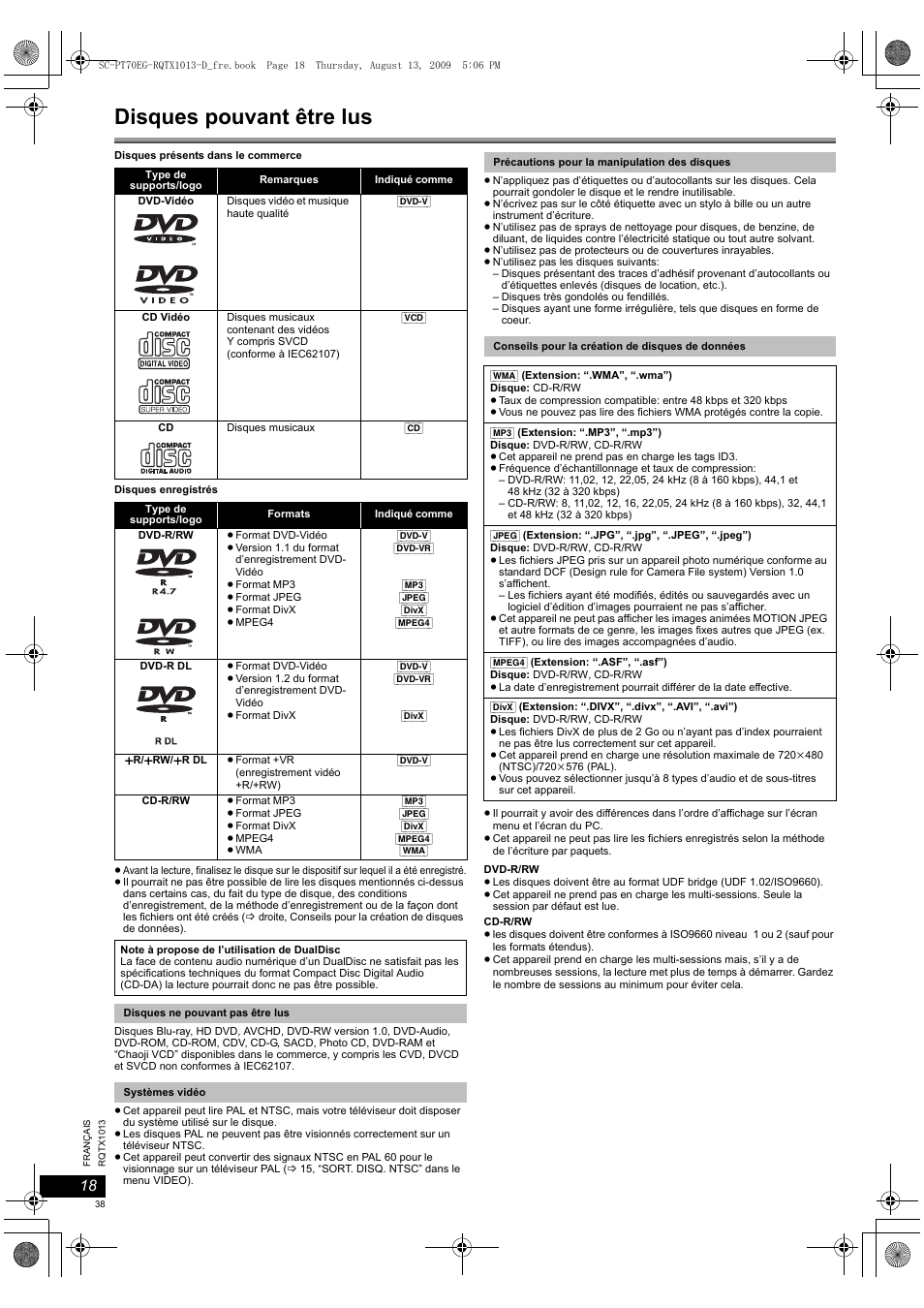 Disques pouvant être lus | Panasonic SCPT70 User Manual | Page 38 / 62