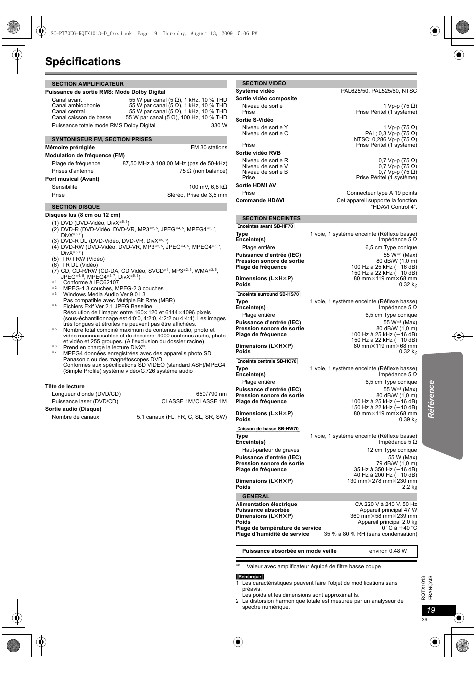 Spécifications | Panasonic SCPT70 User Manual | Page 39 / 62