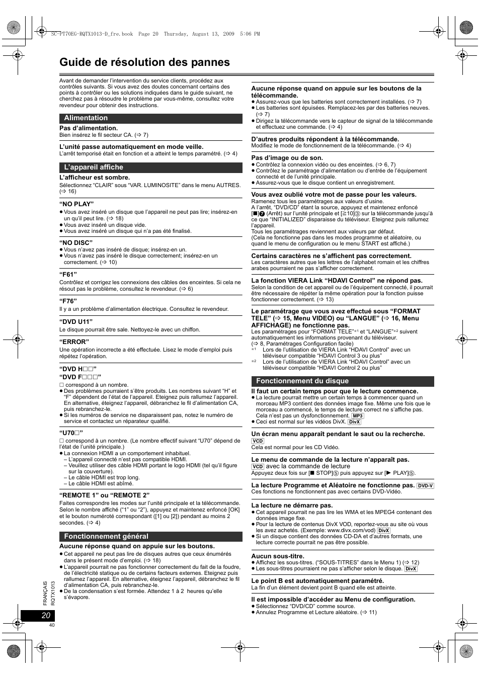 Guide de résolution des pannes | Panasonic SCPT70 User Manual | Page 40 / 62