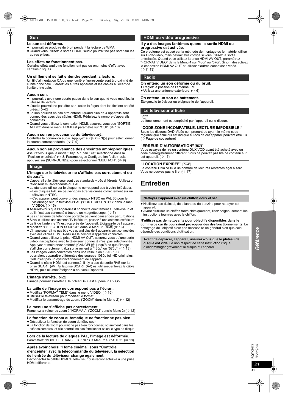 Entretien | Panasonic SCPT70 User Manual | Page 41 / 62