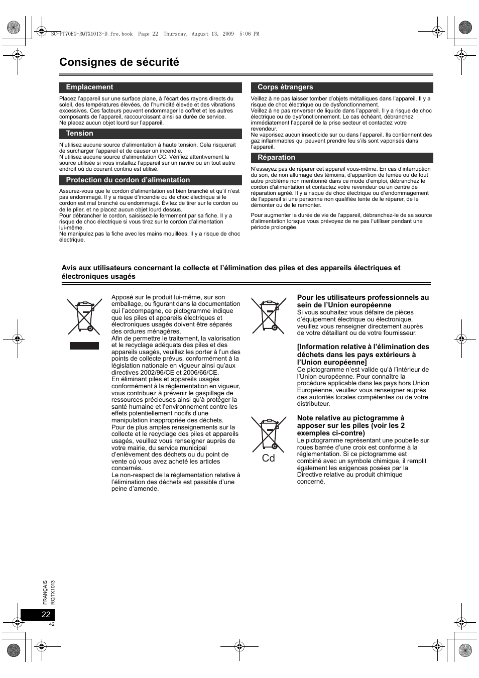 Consignes de sécurité | Panasonic SCPT70 User Manual | Page 42 / 62