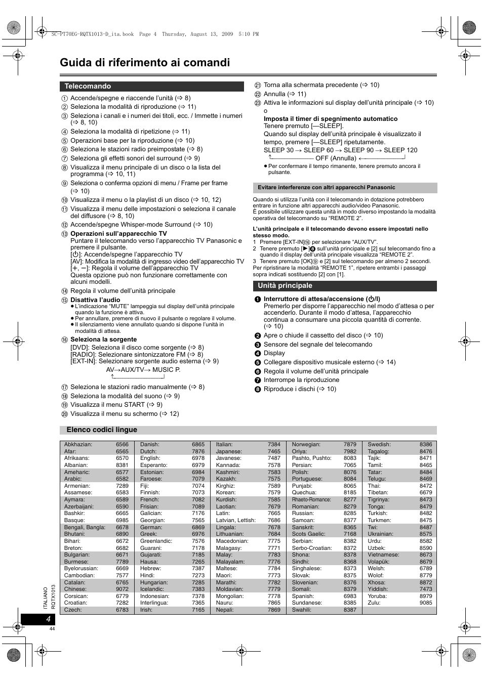Rqtx1013-d_ita, Guida di riferimento ai comandi | Panasonic SCPT70 User Manual | Page 44 / 62