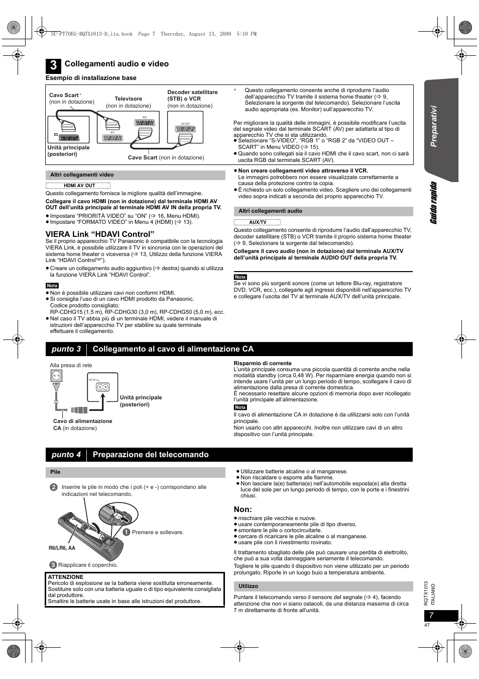 Guida r api da, Prep a rat iv i, Viera link “hdavi control | Collegamenti audio e video, Punto 3 collegamento al cavo di alimentazione ca, Punto 4 preparazione del telecomando | Panasonic SCPT70 User Manual | Page 47 / 62