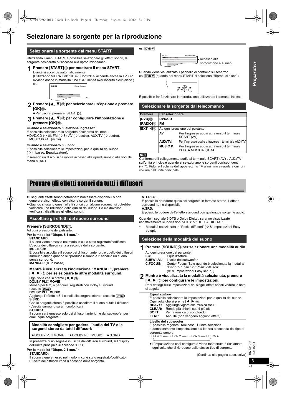 Selezionare la sorgente per la riproduzione, Provare gli effetti sonori da tutti i diffusori | Panasonic SCPT70 User Manual | Page 49 / 62