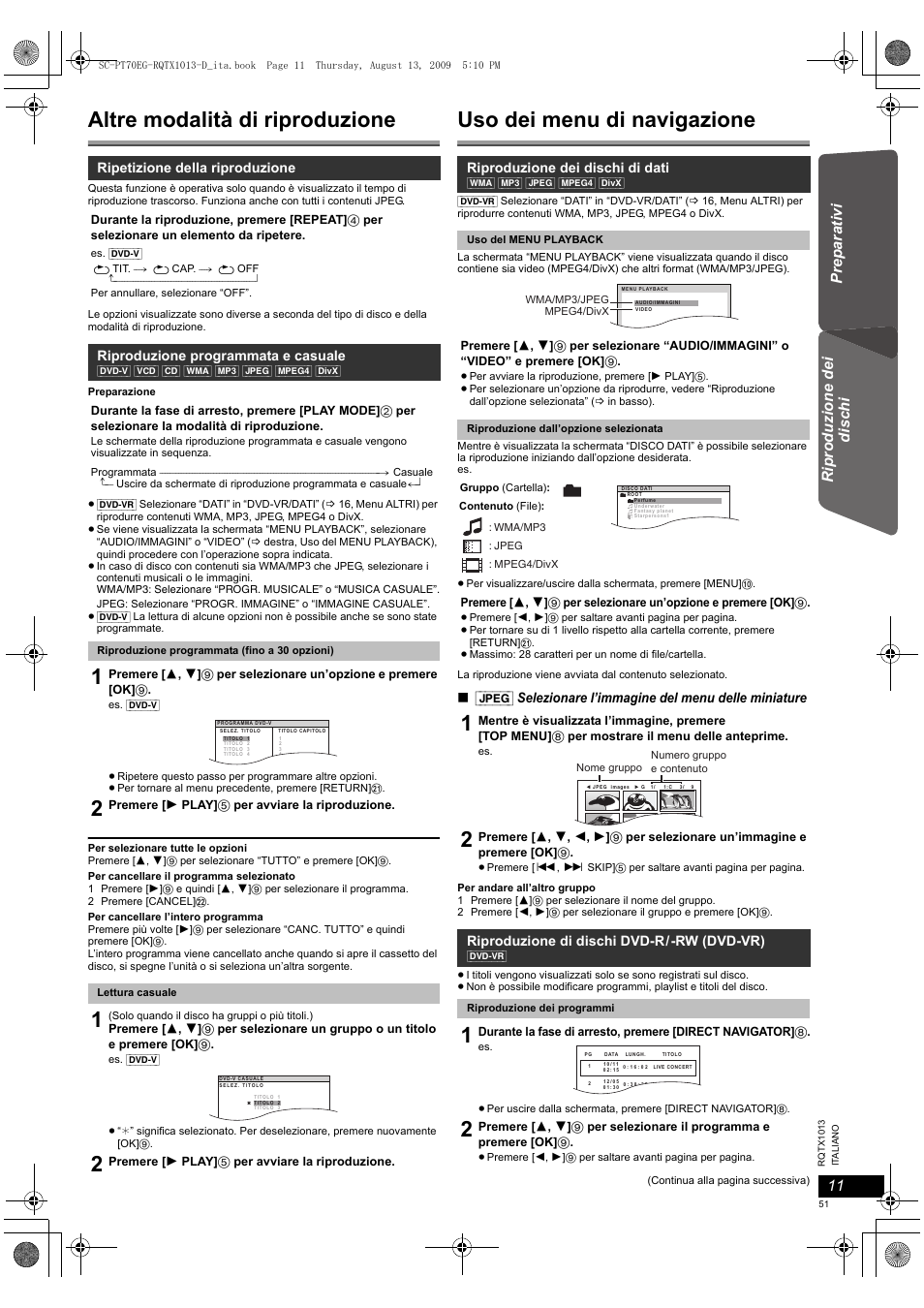 Altre modalità di riproduzione, Uso dei menu di navigazione, Prep a rat iv i ot her op era tions reference | Riprodu zion e dei dis c hi | Panasonic SCPT70 User Manual | Page 51 / 62