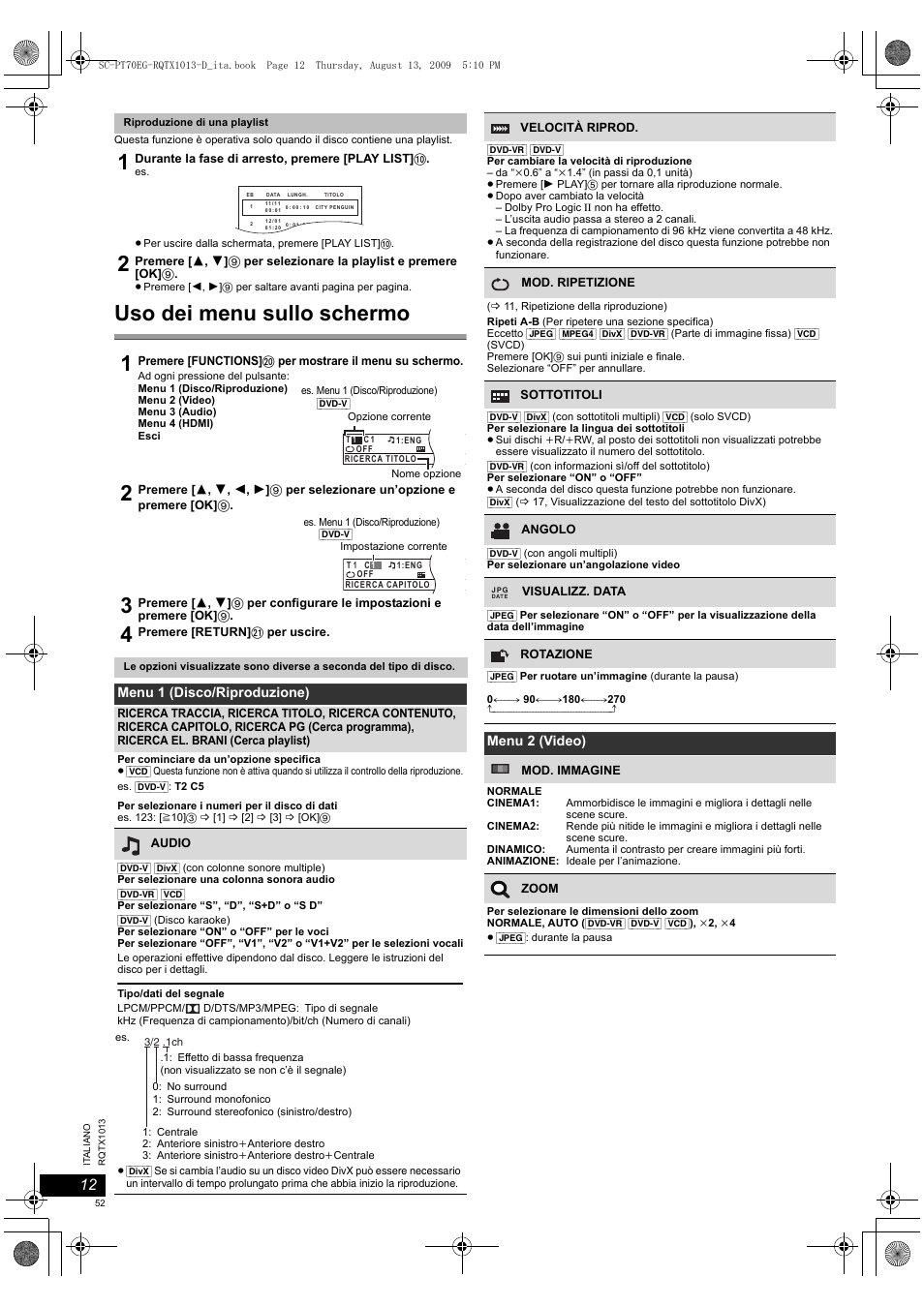 Uso dei menu sullo schermo | Panasonic SCPT70 User Manual | Page 52 / 62
