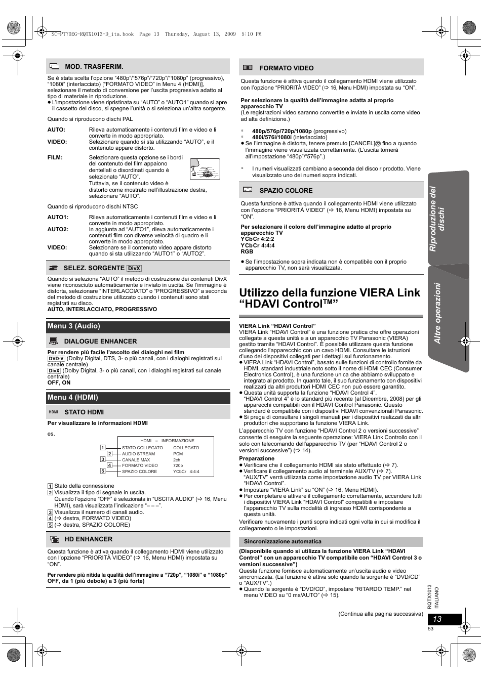 Utilizzo della funzione viera link “hdavi control, Getting s tarted alt re op era zioni reference, Riprodu zion e dei dis c hi | Panasonic SCPT70 User Manual | Page 53 / 62