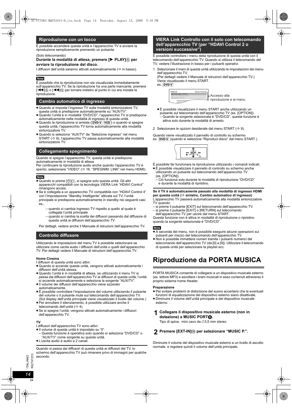 Riproduzione da porta musica | Panasonic SCPT70 User Manual | Page 54 / 62