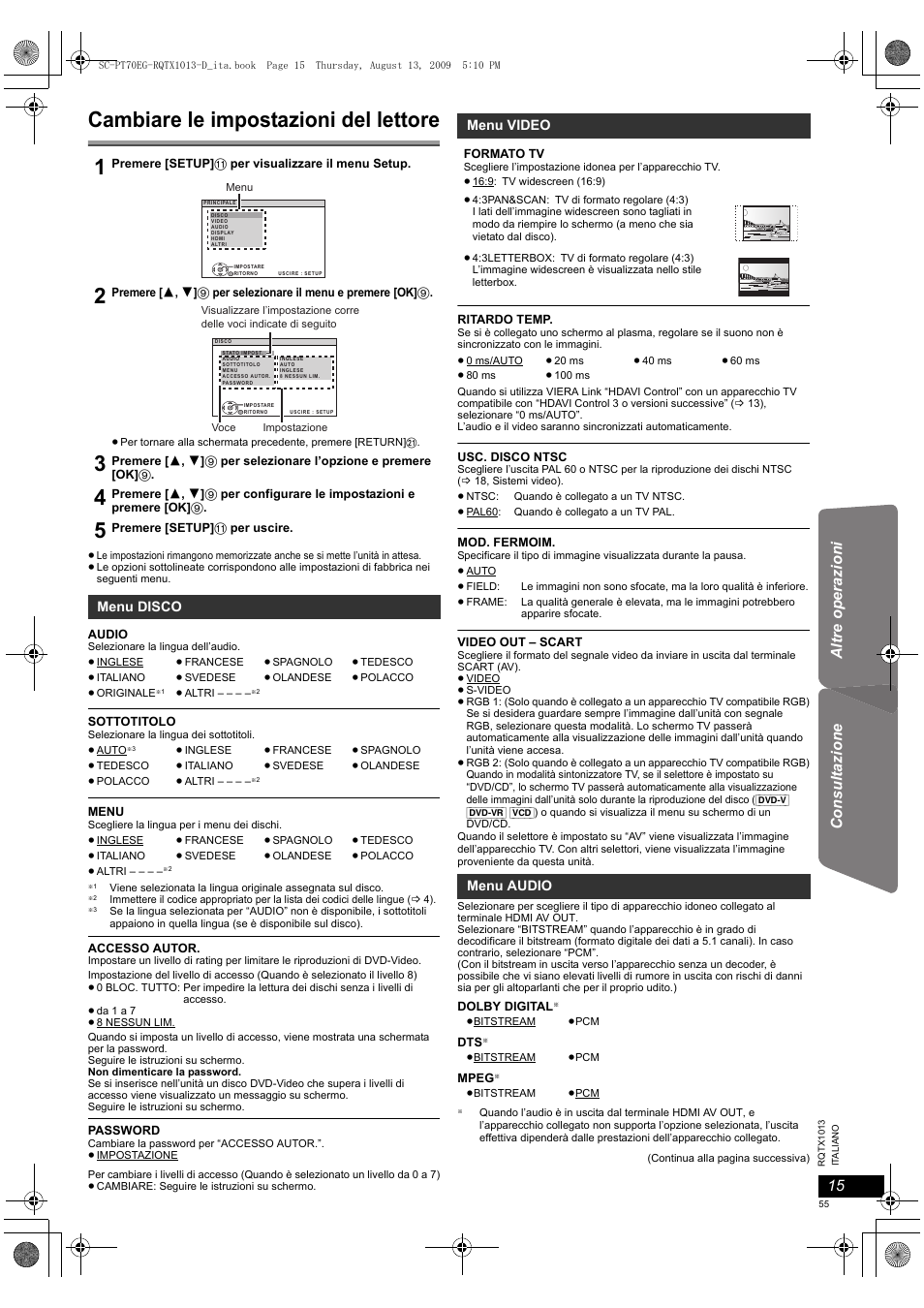 Cambiare le impostazioni del lettore | Panasonic SCPT70 User Manual | Page 55 / 62