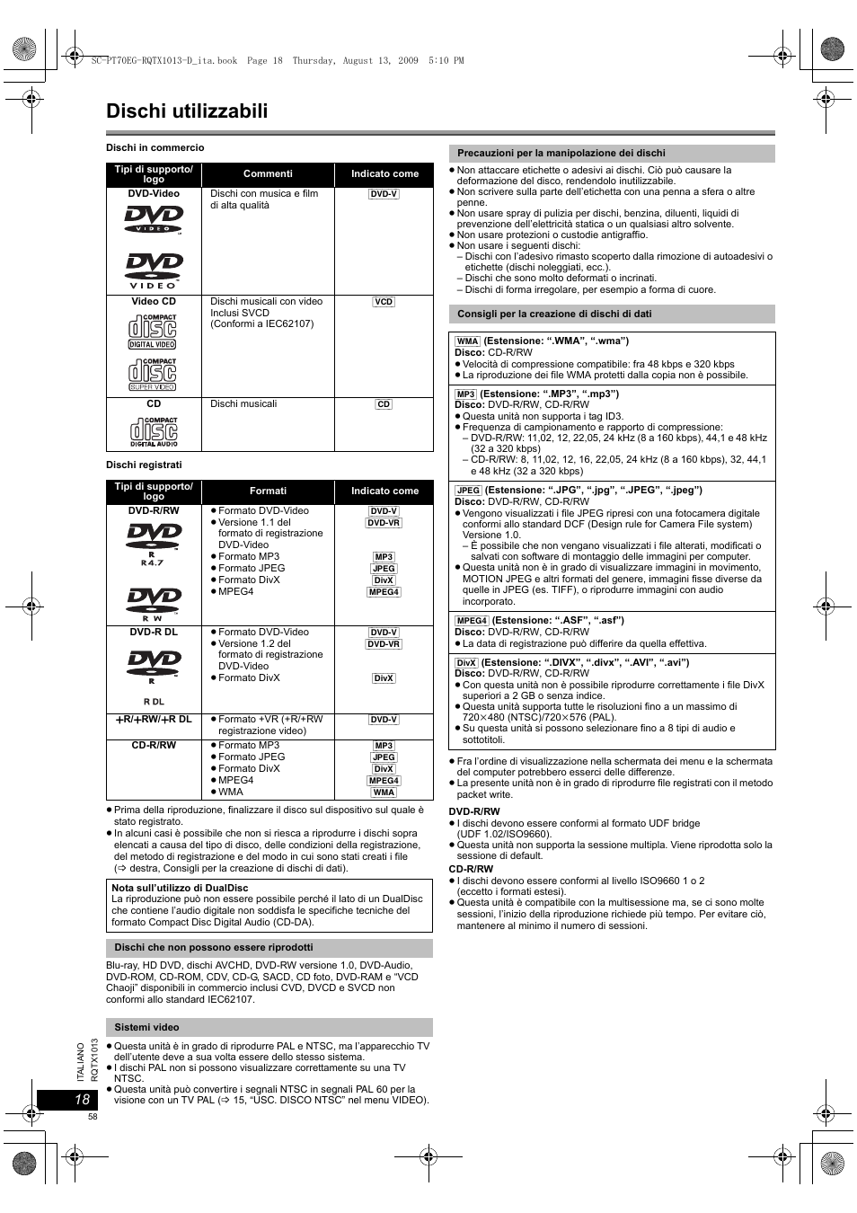 Dischi utilizzabili | Panasonic SCPT70 User Manual | Page 58 / 62