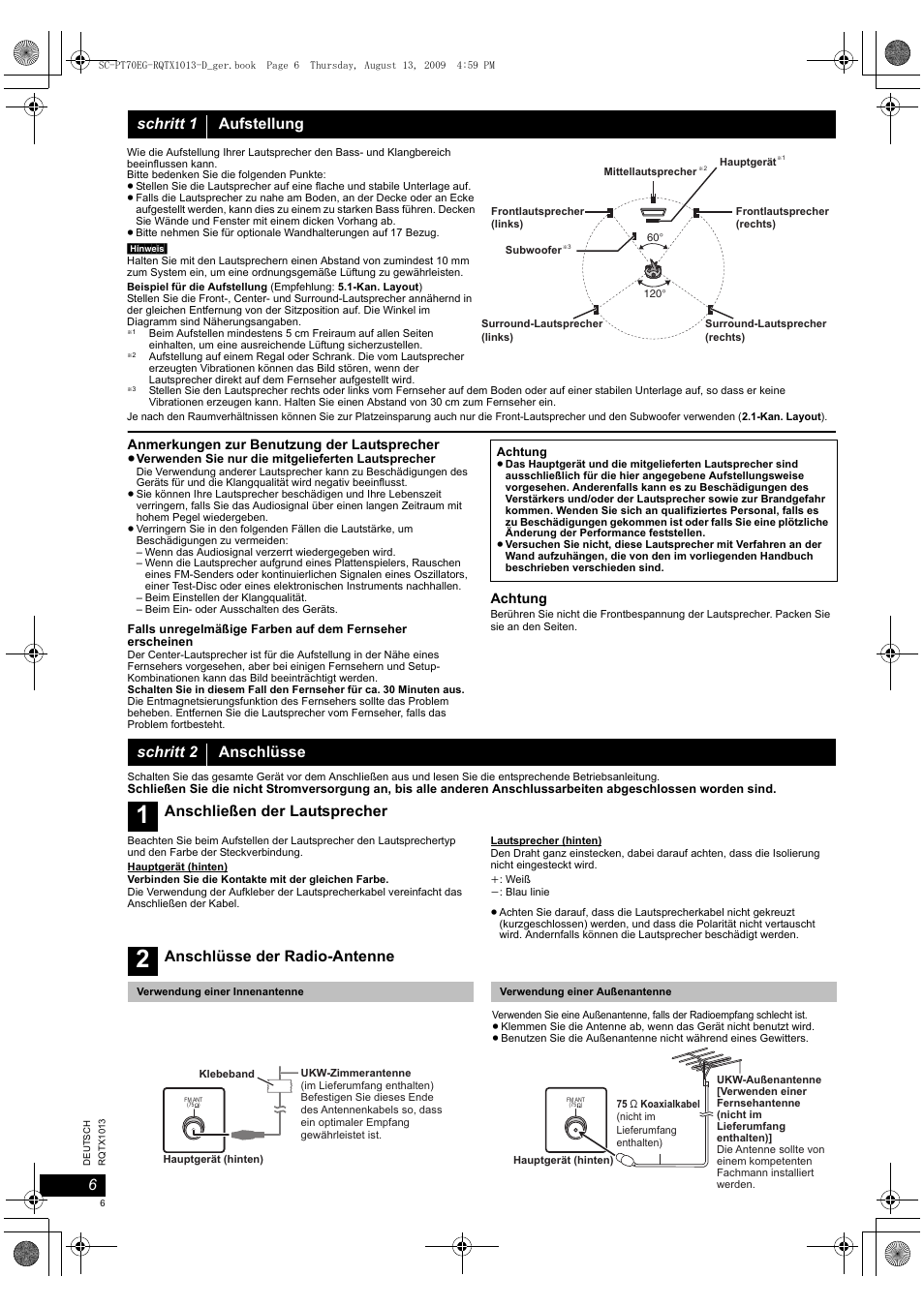 Schritt 1 aufstellung, Schritt 2 anschlüsse, Anschließen der lautsprecher | Anschlüsse der radio-antenne | Panasonic SCPT70 User Manual | Page 6 / 62