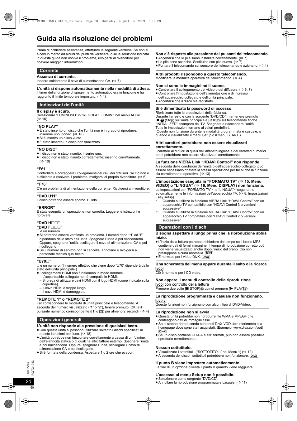 Guida alla risoluzione dei problemi | Panasonic SCPT70 User Manual | Page 60 / 62
