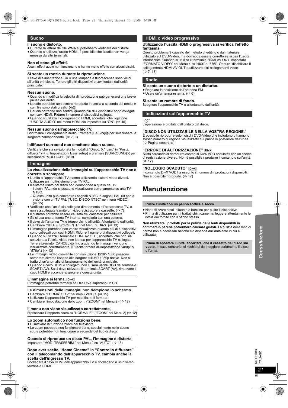 Manutenzione | Panasonic SCPT70 User Manual | Page 61 / 62