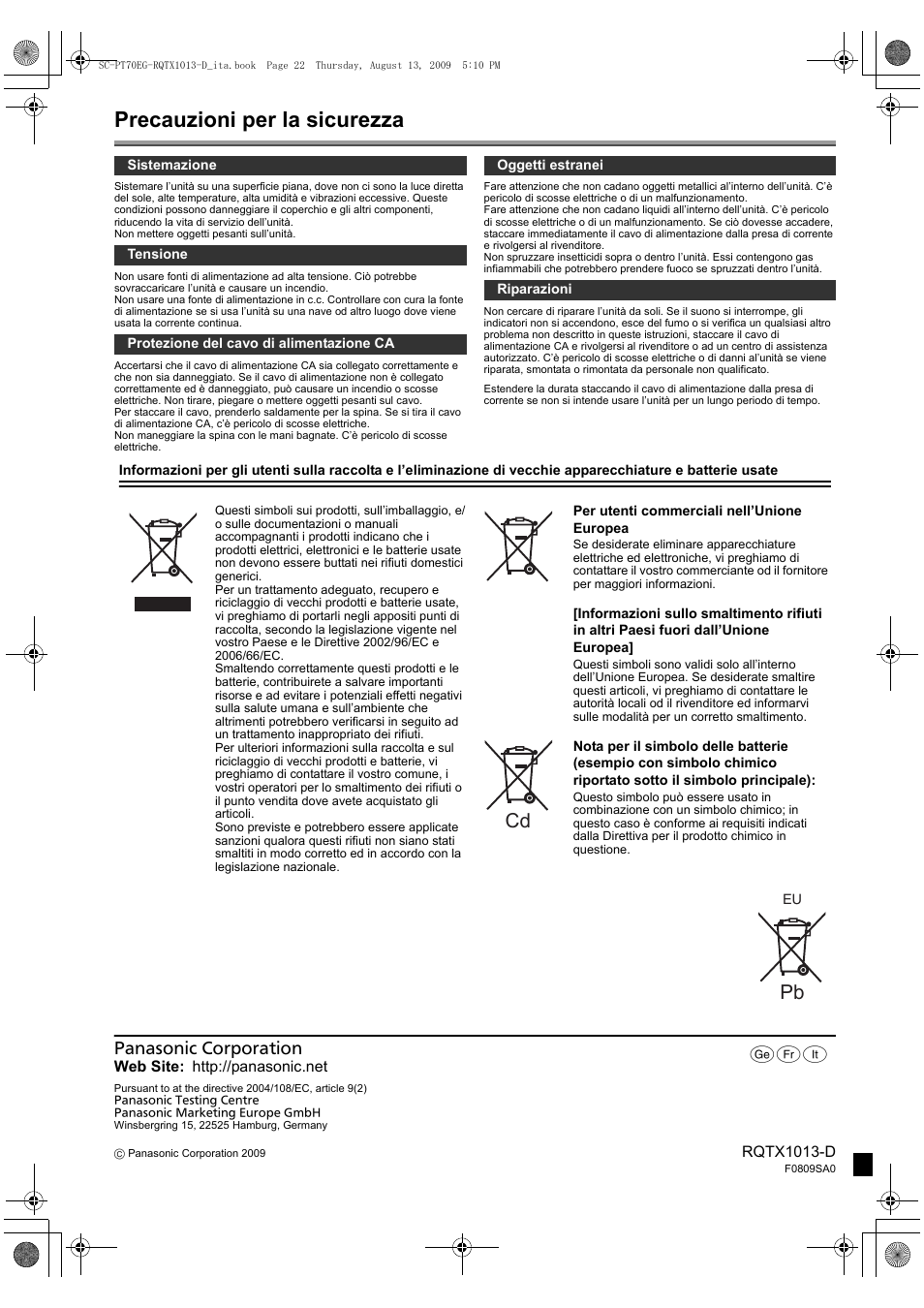 Precauzioni per la sicurezza | Panasonic SCPT70 User Manual | Page 62 / 62