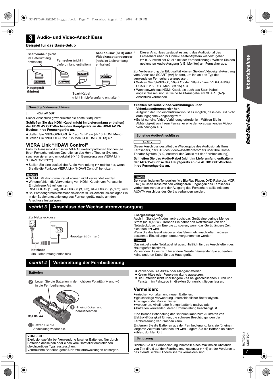 Quick start -anleit ung, Inbet riebn ahme, Viera link “hdavi control | Vermeiden, Audio- und video-anschlüsse, Schritt 3 anschluss der wechselstromversorgung, Schritt 4 vorbereitung der fernbedienung | Panasonic SCPT70 User Manual | Page 7 / 62