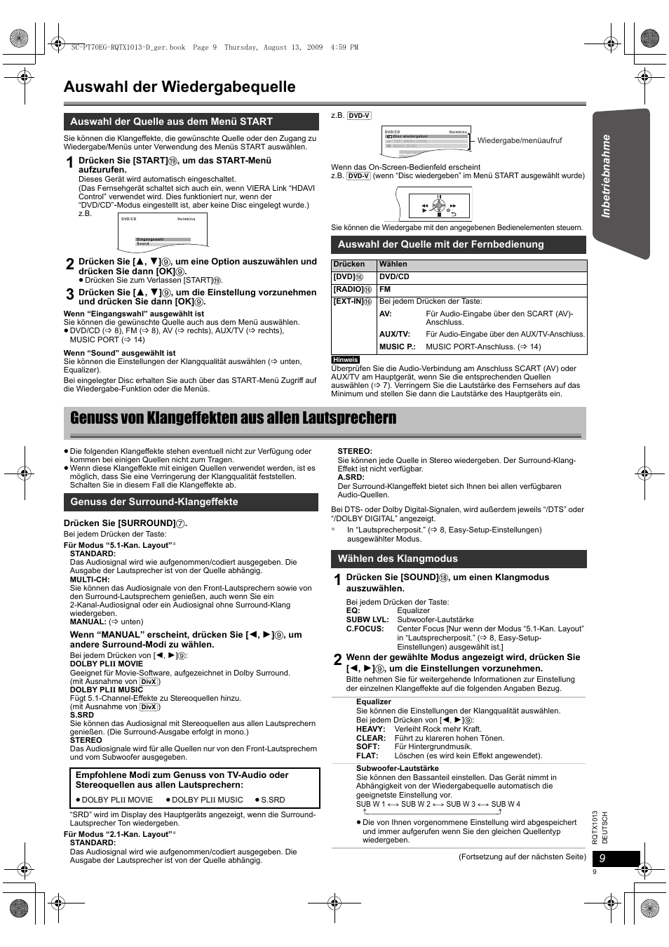 Auswahl der wiedergabequelle, Genuss von klangeffekten aus allen lautsprechern | Panasonic SCPT70 User Manual | Page 9 / 62