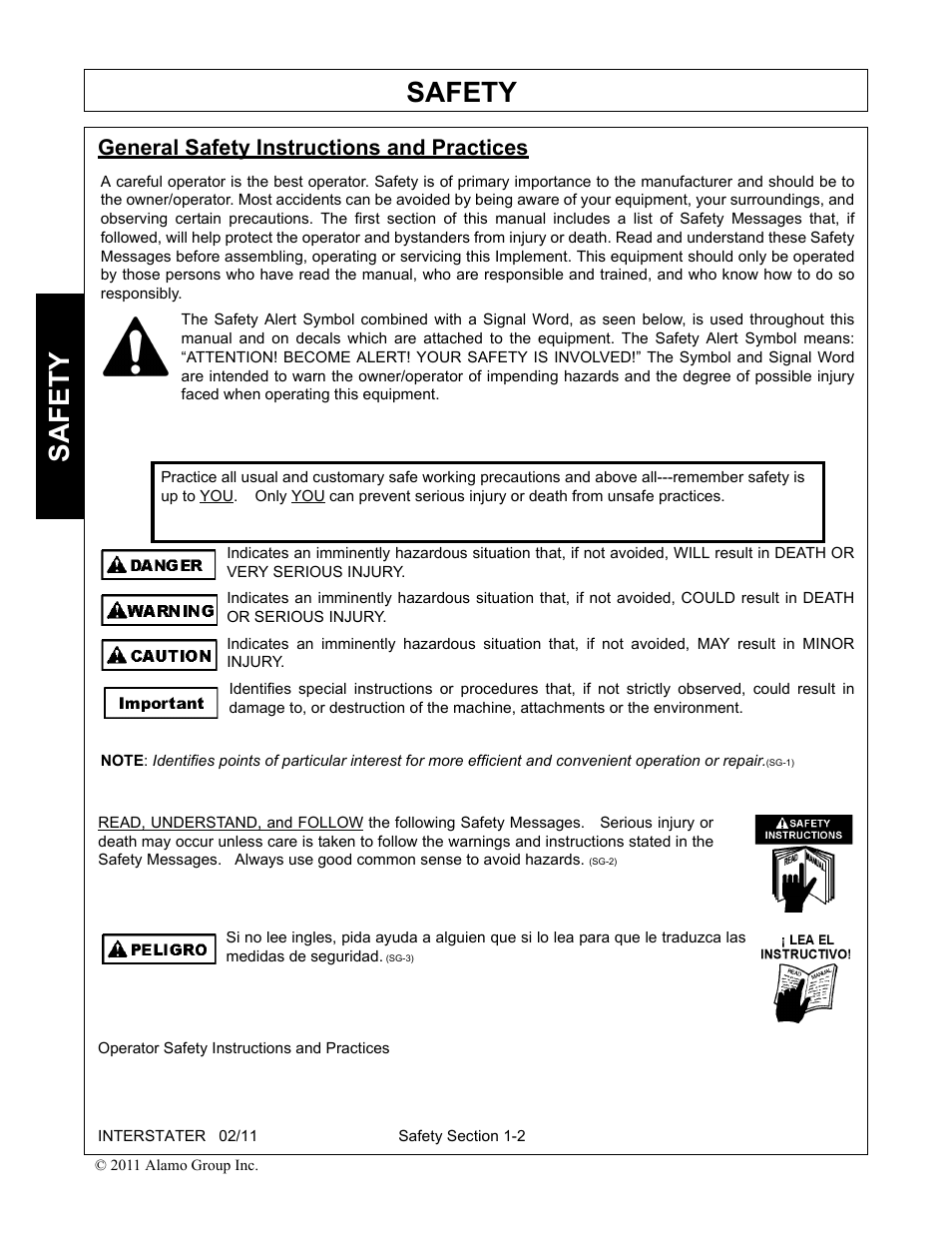 General safety instructions and practices, General safety instructions and practices -2, Safety | Alamo 803213C User Manual | Page 10 / 140