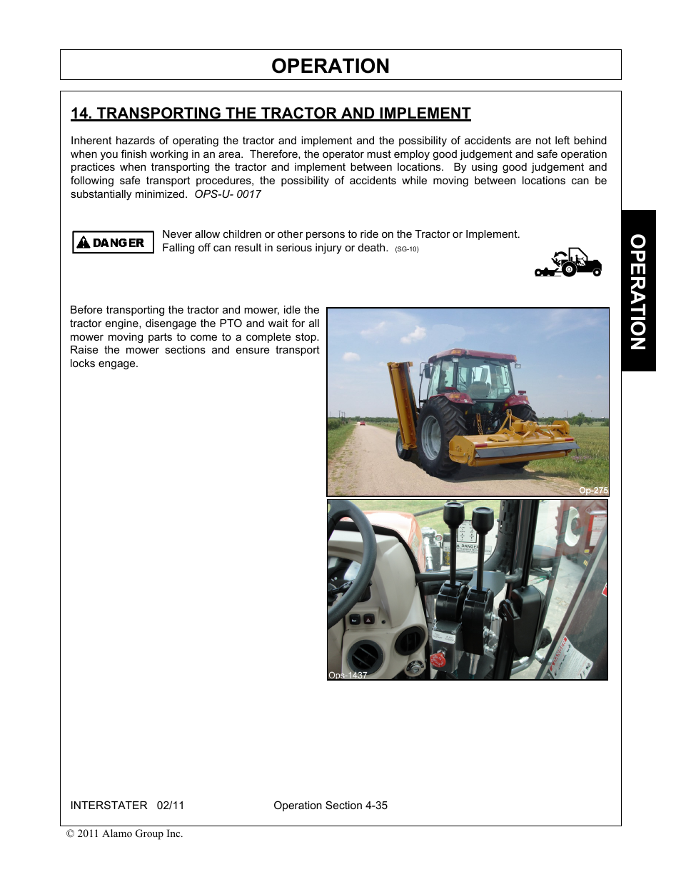 Transporting the tractor and implement, Transporting the tractor and implement -35, Operation | Opera t ion | Alamo 803213C User Manual | Page 101 / 140