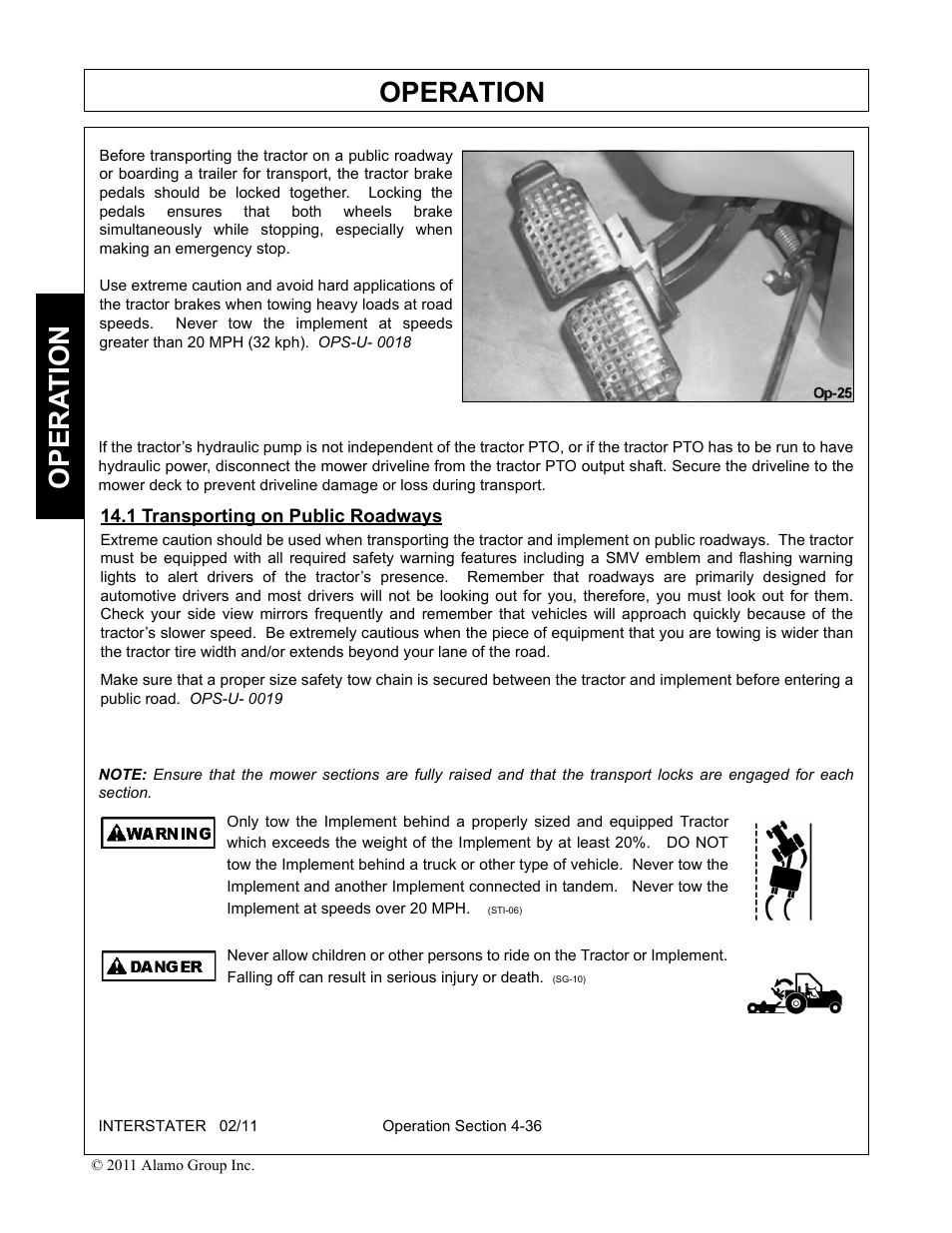 1 transporting on public roadways, Transporting on public roadways -36, Operation | Opera t ion | Alamo 803213C User Manual | Page 102 / 140