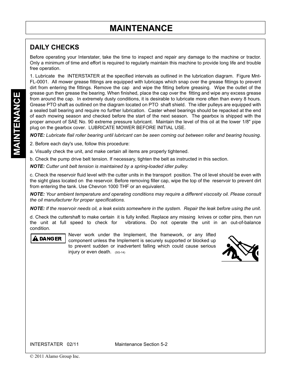 Daily checks, Daily checks -2, Maintenance | Alamo 803213C User Manual | Page 110 / 140
