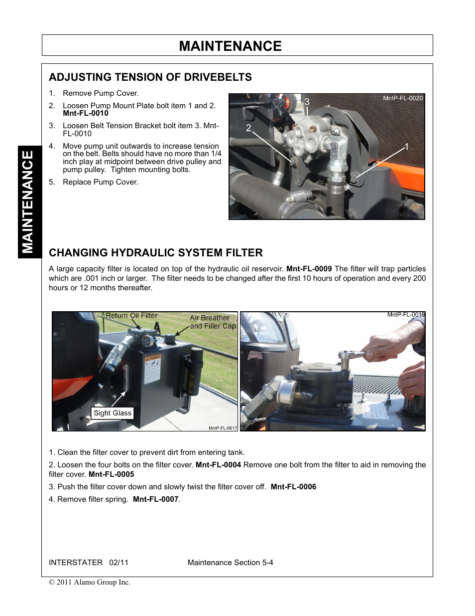 Adjusting tension of drivebelts, Remove pump cover, Replace pump cover | Changing hydraulic system filter, Maintenance | Alamo 803213C User Manual | Page 112 / 140