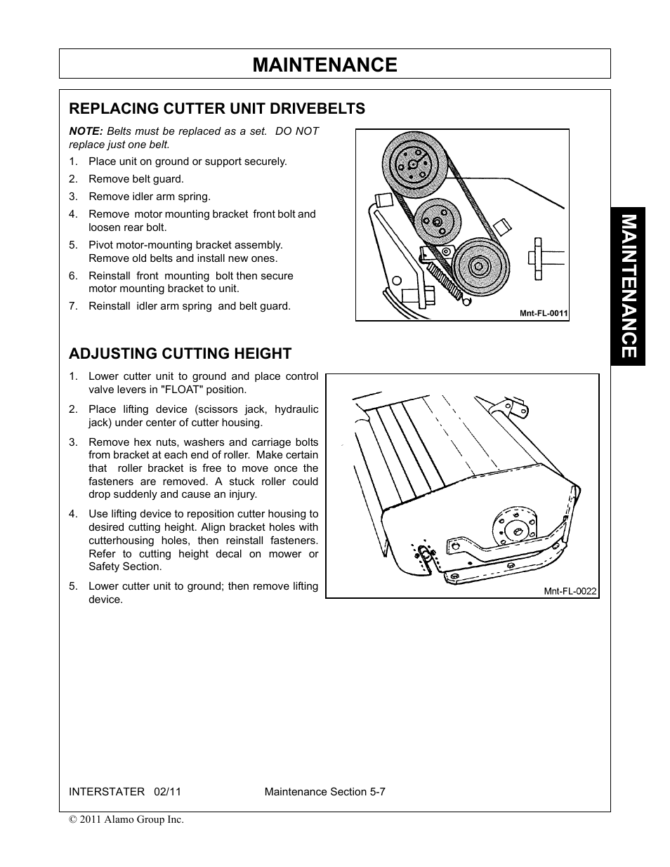 Replacing cutter unit drivebelts, Place unit on ground or support securely, Remove belt guard | Remove idler arm spring, Reinstall idler arm spring and belt guard, Adjusting cutting height, Maintenance | Alamo 803213C User Manual | Page 115 / 140