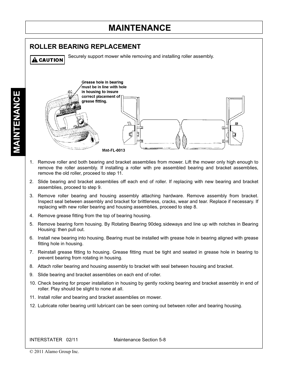 Roller bearing replacement, Roller bearing replacement -8, Maintenance | Alamo 803213C User Manual | Page 116 / 140