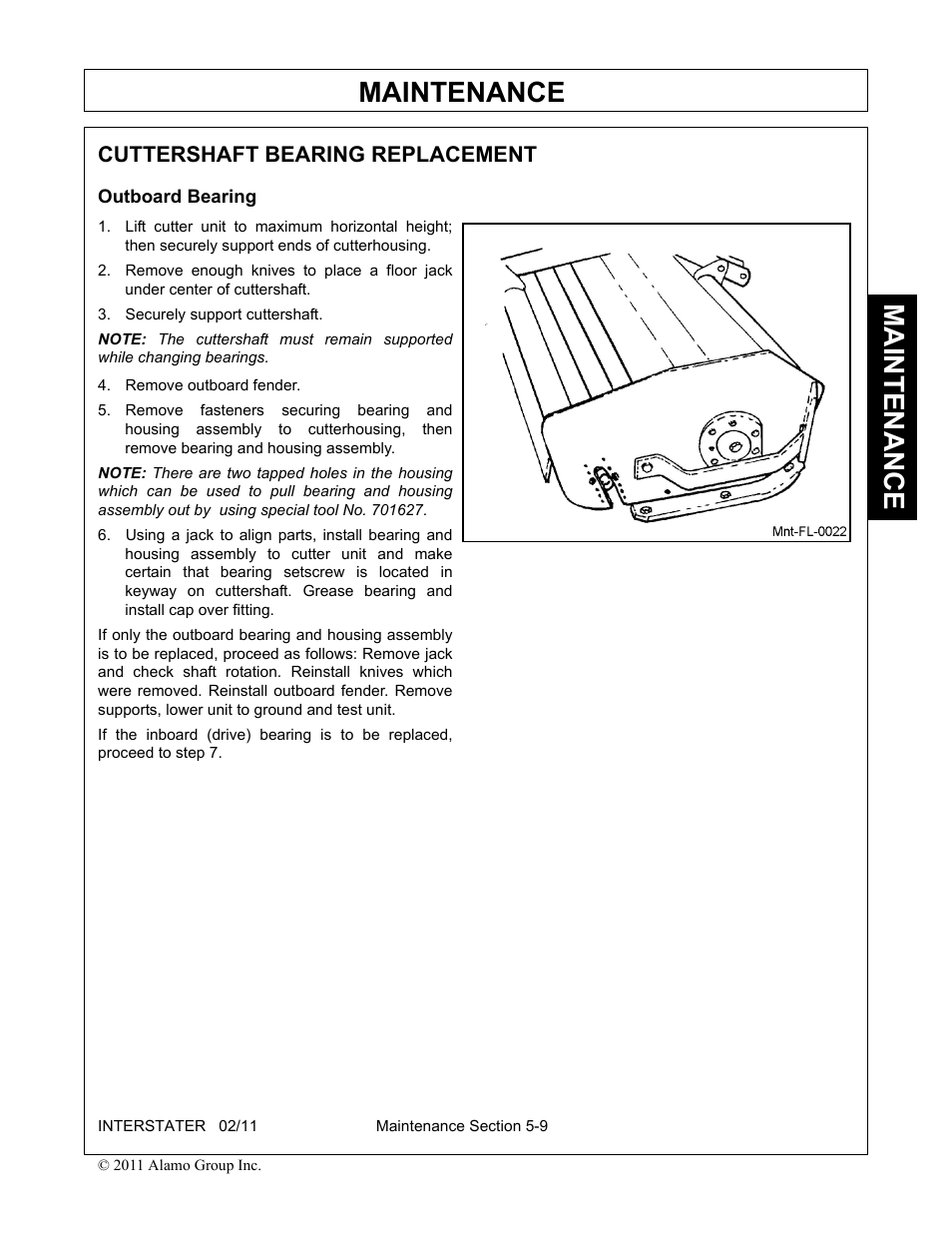 Cuttershaft bearing replacement, Outboard bearing, Securely support cuttershaft | Remove outboard fender, Maintenance | Alamo 803213C User Manual | Page 117 / 140