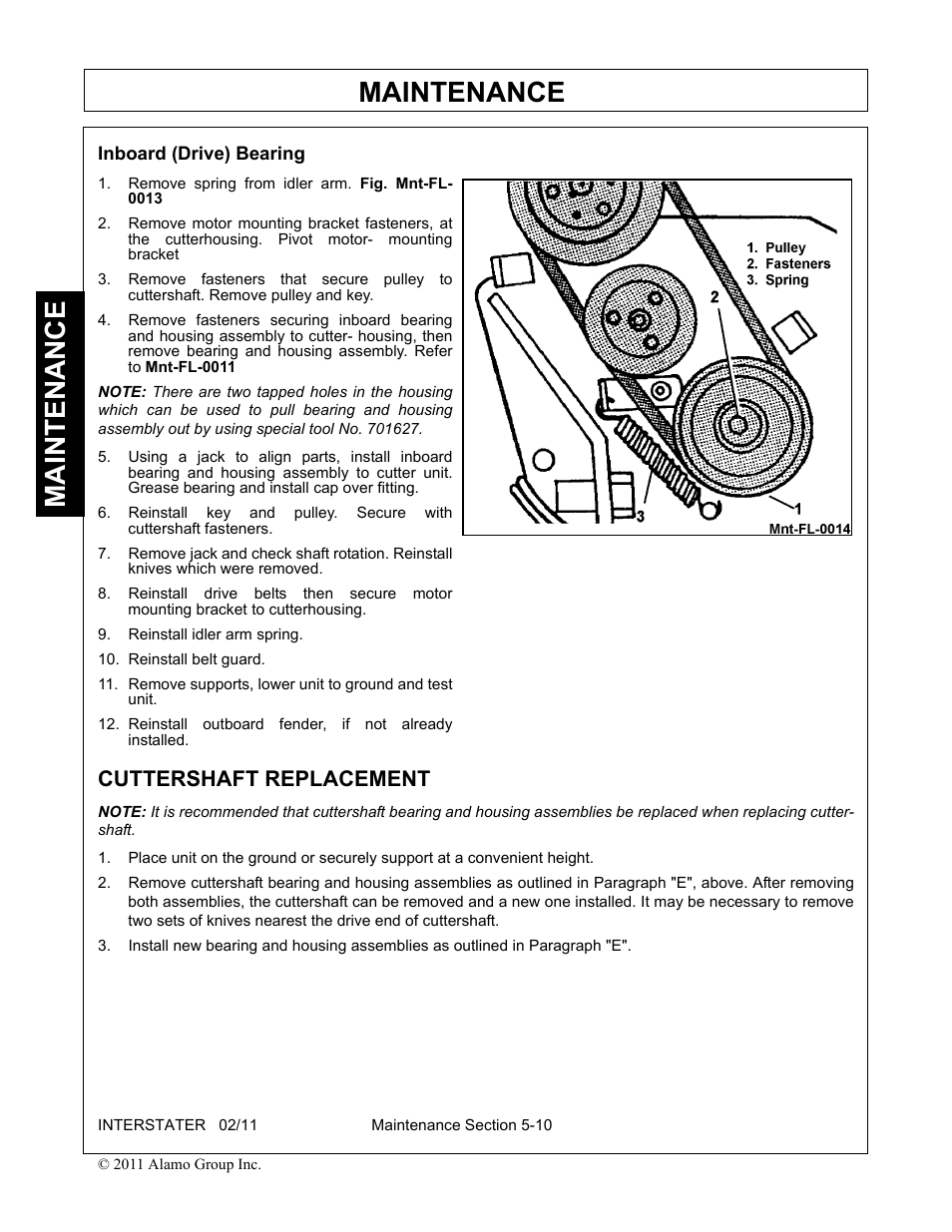 Inboard (drive) bearing, Cuttershaft replacement, Maintenance | Alamo 803213C User Manual | Page 118 / 140