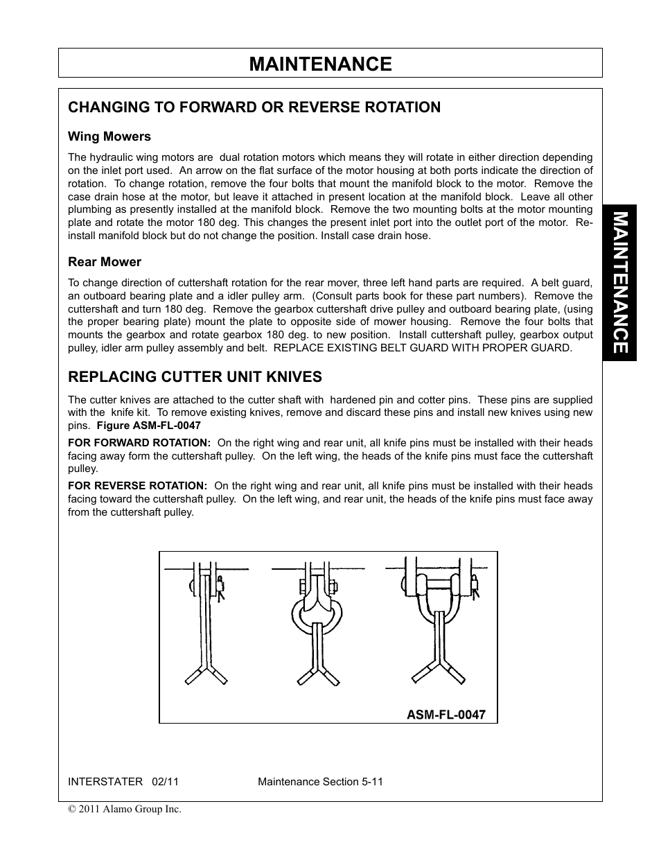 Changing to forward or reverse rotation, Wing mowers, Rear mower | Replacing cutter unit knives, Maintenance | Alamo 803213C User Manual | Page 119 / 140