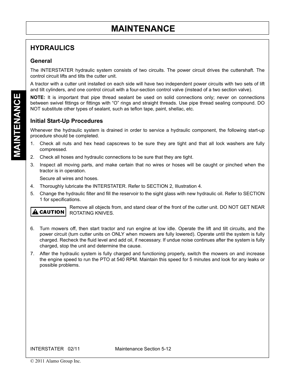 Hydraulics, General, Initial start-up procedures | Maintenance | Alamo 803213C User Manual | Page 120 / 140