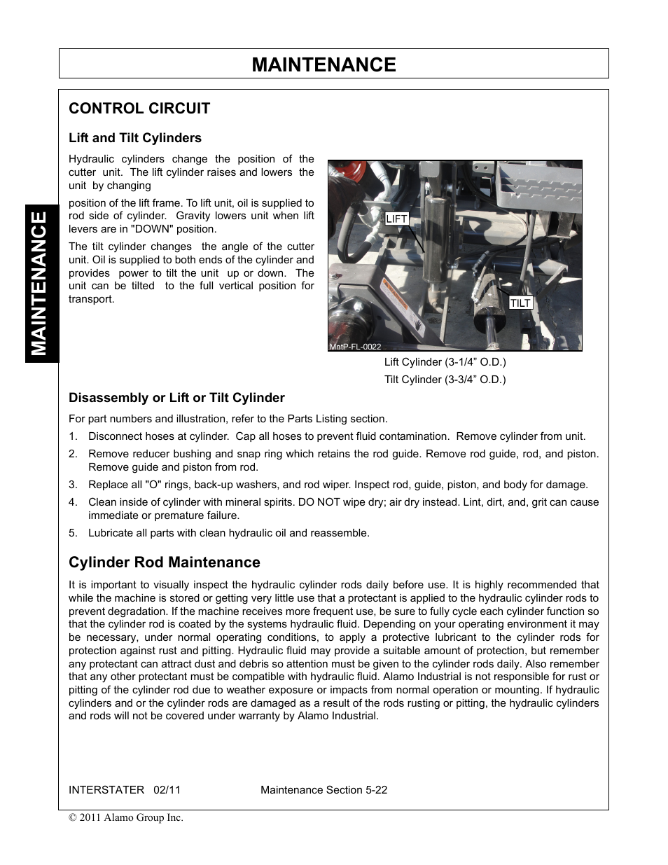 Control circuit, Lift and tilt cylinders, Disassembly or lift or tilt cylinder | Cylinder rod maintenance, Maintenance | Alamo 803213C User Manual | Page 130 / 140