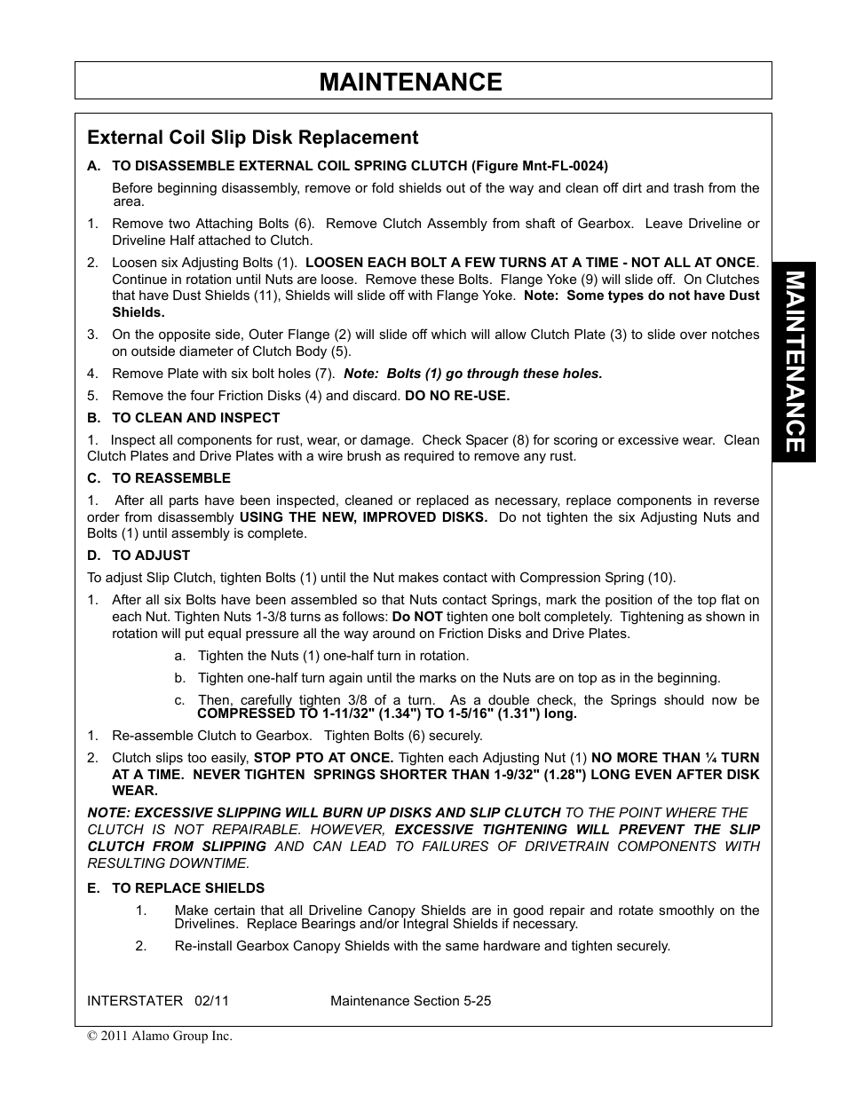 External coil slip disk replacement, External coil slip disk replacement -25, Maintenance | Alamo 803213C User Manual | Page 133 / 140