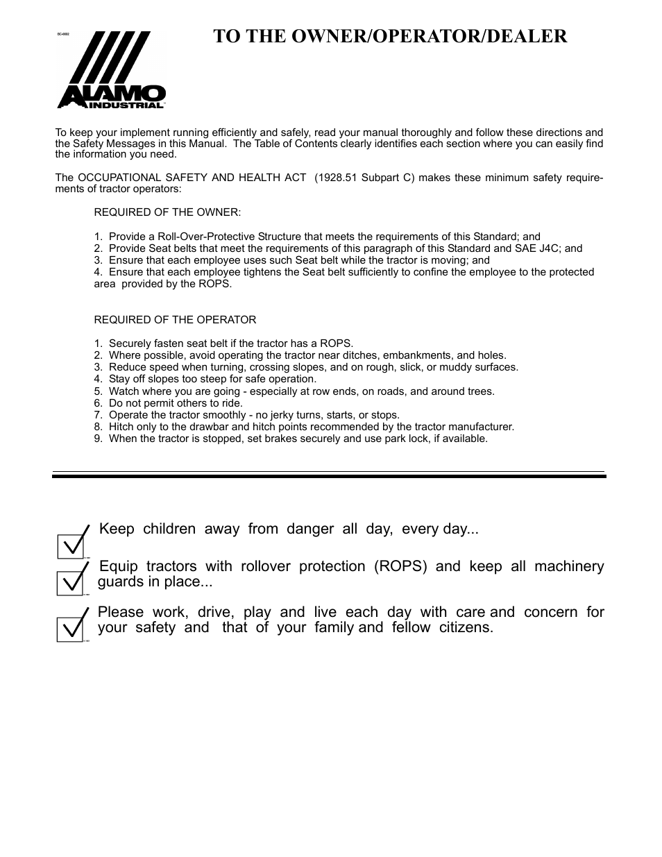 Keep children away from danger all day, every day, To the owner/operator/dealer | Alamo 803213C User Manual | Page 139 / 140