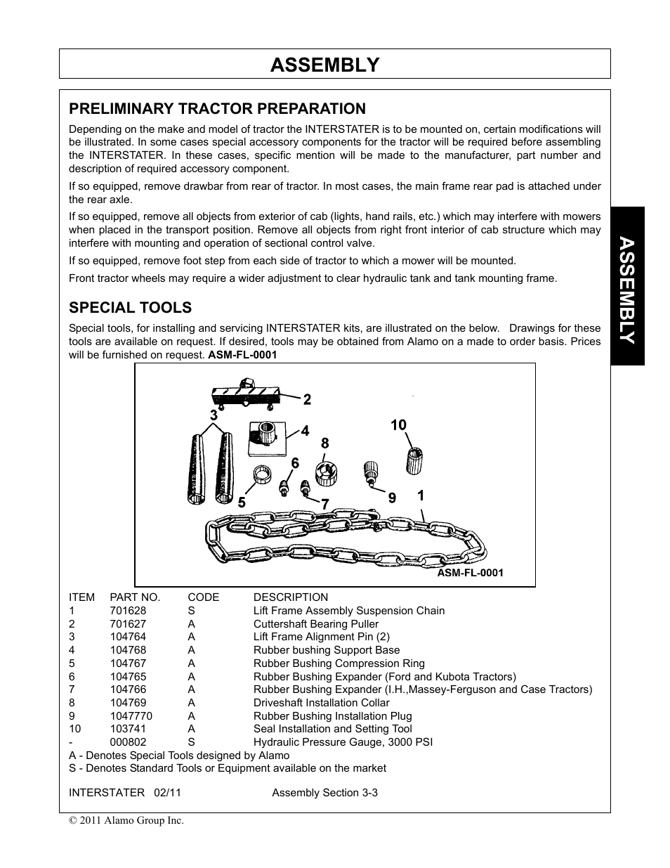 Preliminary tractor preparation, Special tools, Assembly | Assembl y | Alamo 803213C User Manual | Page 43 / 140