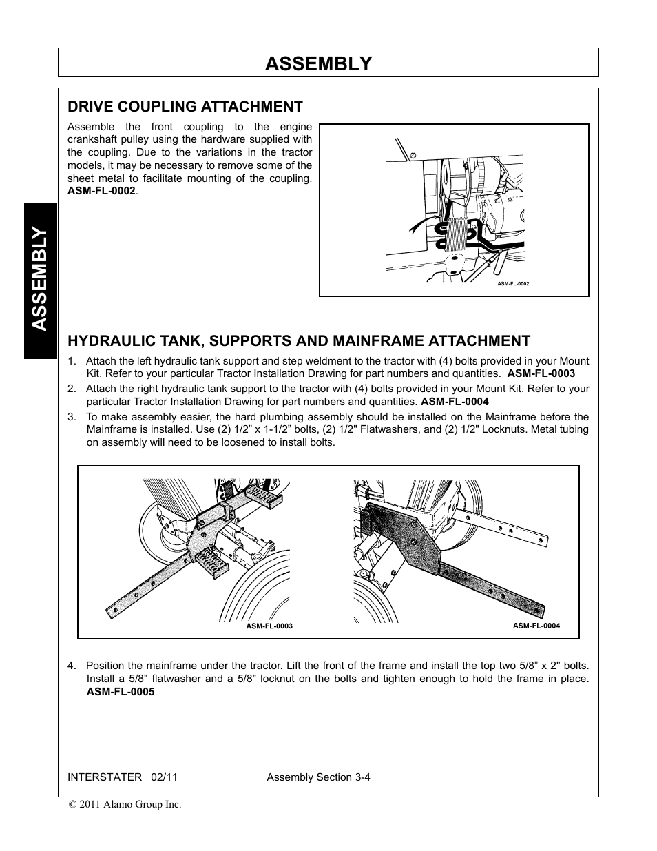 Drive coupling attachment, Hydraulic tank, supports and mainframe attachment, Assembly | Assembl y | Alamo 803213C User Manual | Page 44 / 140