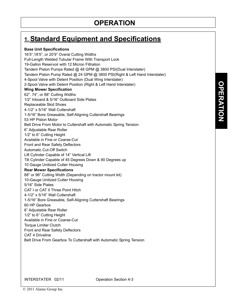 Standard equipment and specifications, Standard equipment and specifications -3, Operation | Opera t ion | Alamo 803213C User Manual | Page 69 / 140