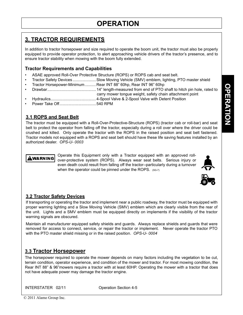 Tractor requirements, Tractor requirements and capabilities, 1 rops and seat belt | 2 tractor safety devices, 3 tractor horsepower, Operation, Opera t ion, Tractor horsepower | Alamo 803213C User Manual | Page 71 / 140