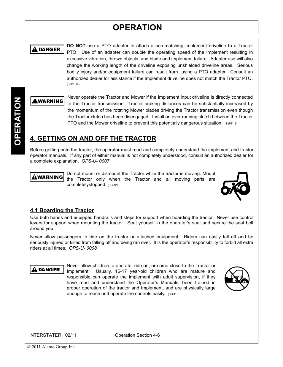 Getting on and off the tractor, 1 boarding the tractor, Operation | Opera t ion | Alamo 803213C User Manual | Page 72 / 140