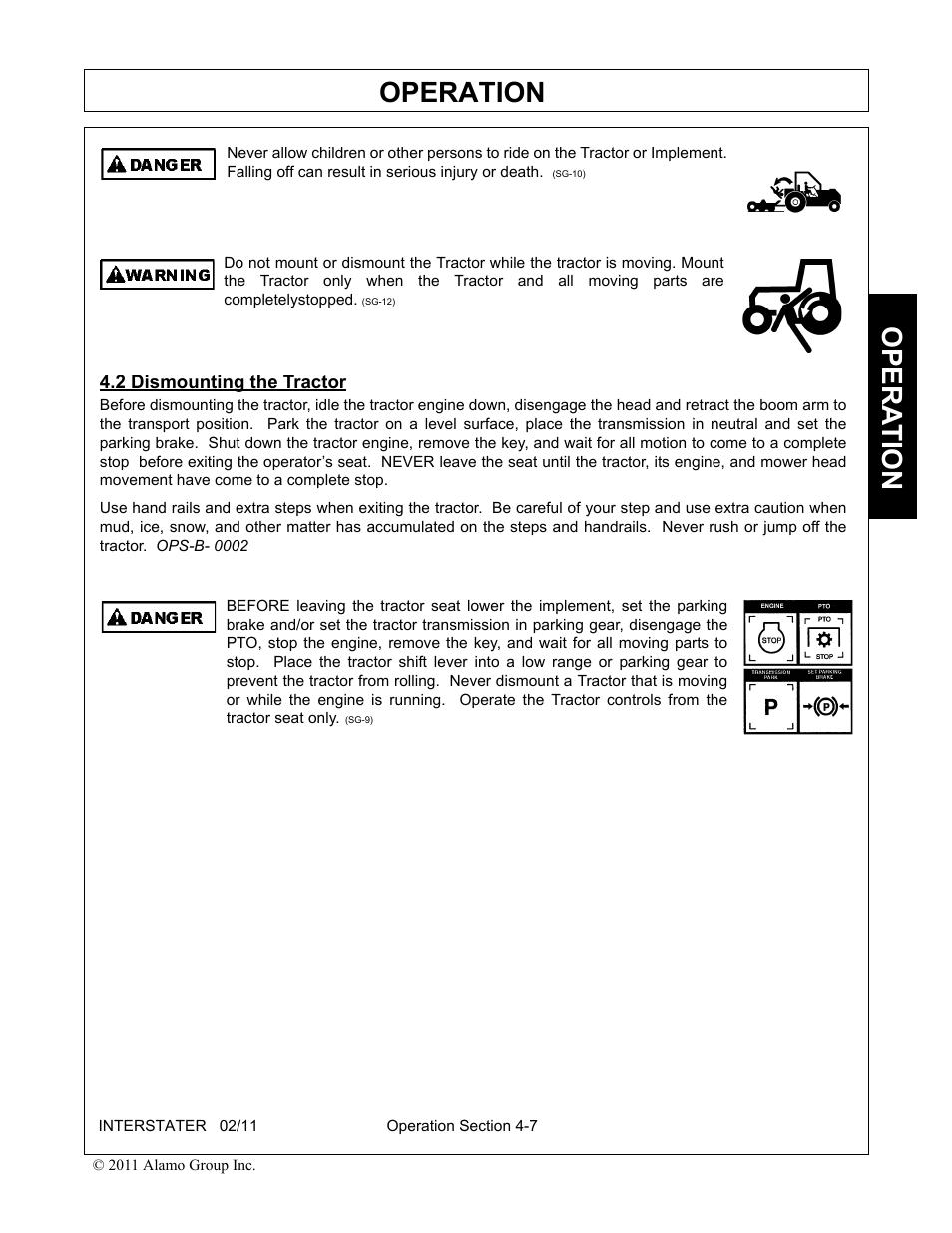 2 dismounting the tractor, Dismounting the tractor -7, Operation | Opera t ion | Alamo 803213C User Manual | Page 73 / 140