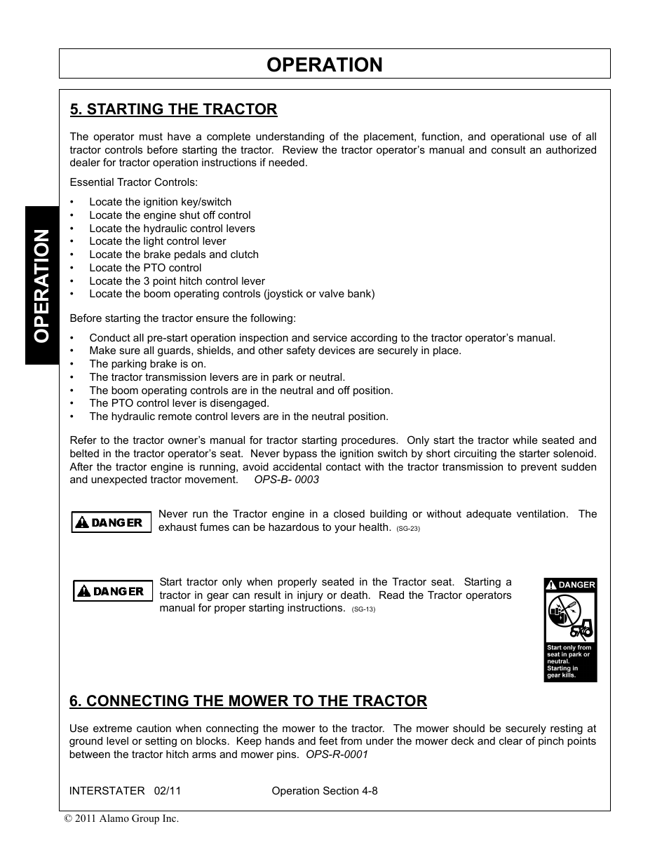 Starting the tractor, Connecting the mower to the tractor, Operation | Opera t ion | Alamo 803213C User Manual | Page 74 / 140