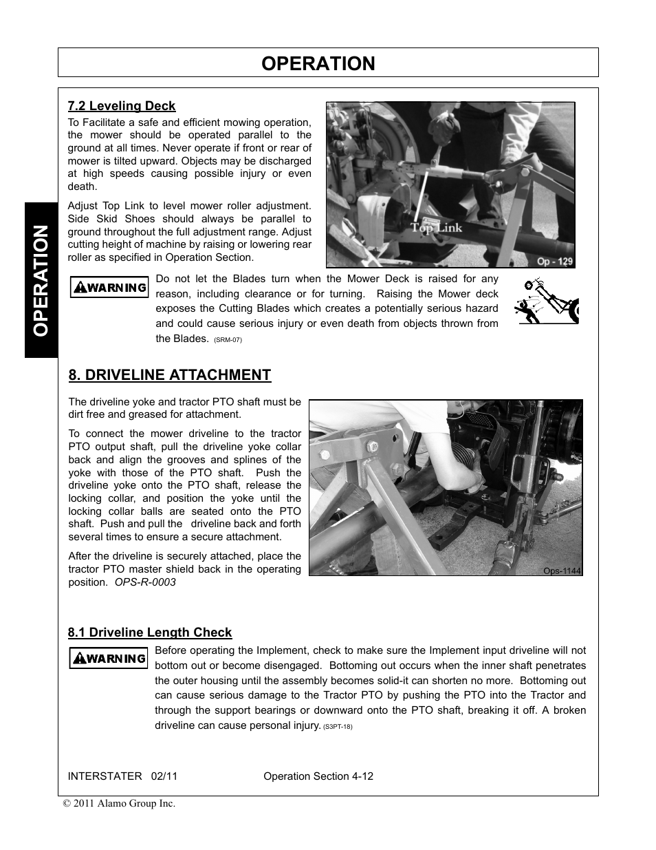 2 leveling deck, Driveline attachment, 1 driveline length check | Operation, Opera t ion | Alamo 803213C User Manual | Page 78 / 140