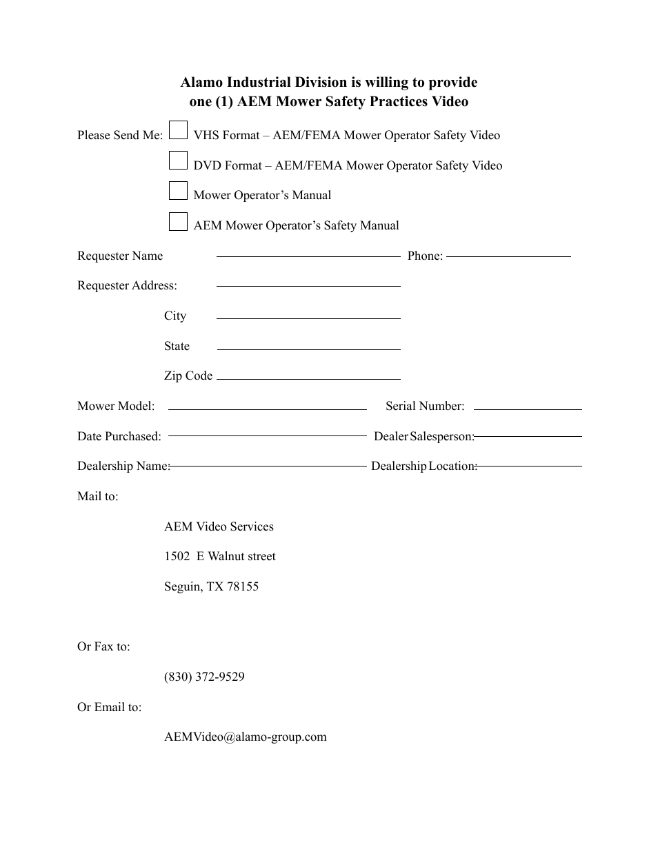 Alamo industrial division is willing to provide, One (1) aem mower safety practices video | Alamo 803213C User Manual | Page 8 / 140