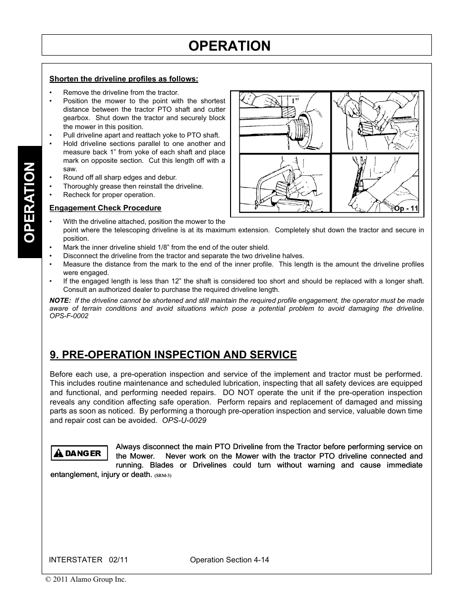 Pre-operation inspection and service, Pre-operation inspection and service -14, Operation | Opera t ion | Alamo 803213C User Manual | Page 80 / 140