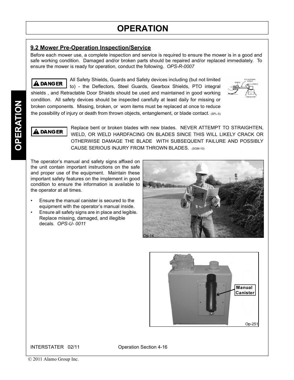 2 mower pre-operation inspection/service, Mower pre-operation inspection/service -16, Operation | Opera t ion | Alamo 803213C User Manual | Page 82 / 140